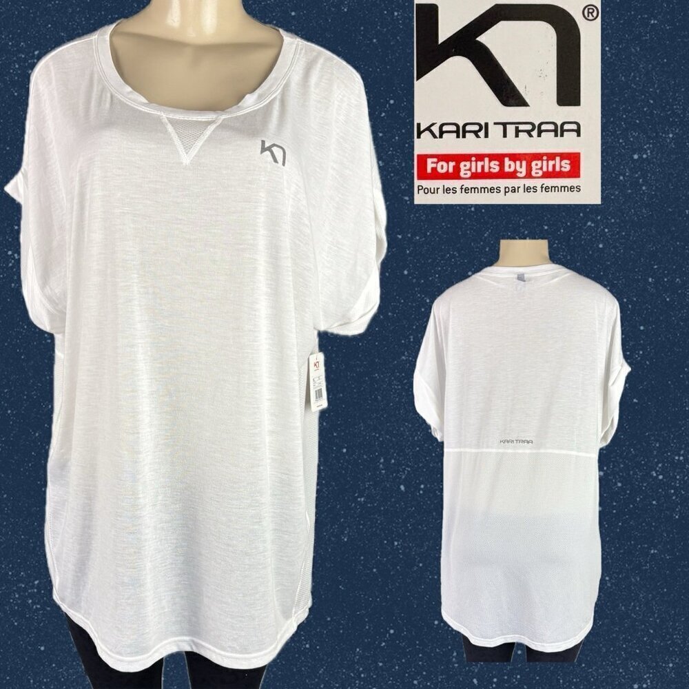 Kari Traa XL Logo White Crew Neckline Mesh Panels Step- Hem Short Sleeve T-Shirt